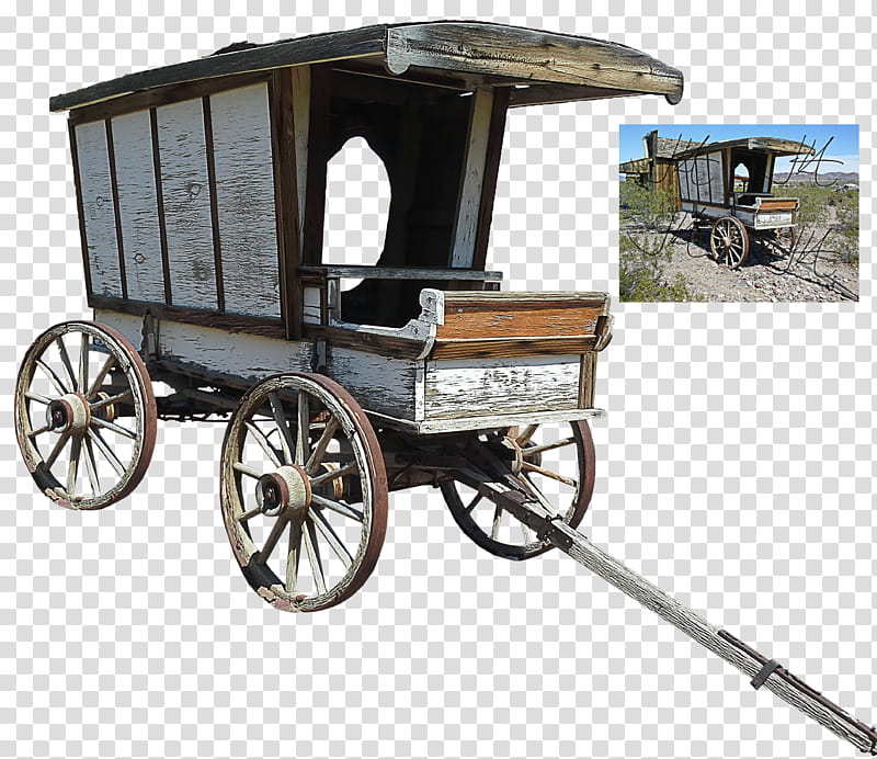 Old West Wagon angled  reposted, parked white and brown wooden carriage collage transparent background PNG clipart