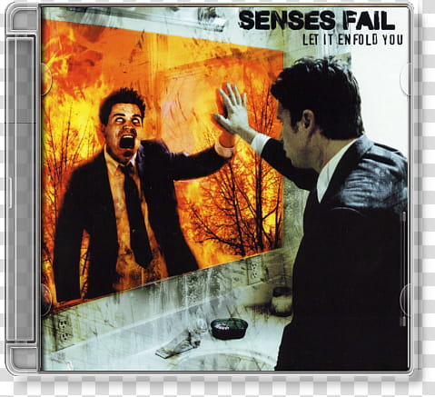 Album Cover Icons, senses fail . let it enfold you, man in black formal suit leaning on the mirror transparent background PNG clipart