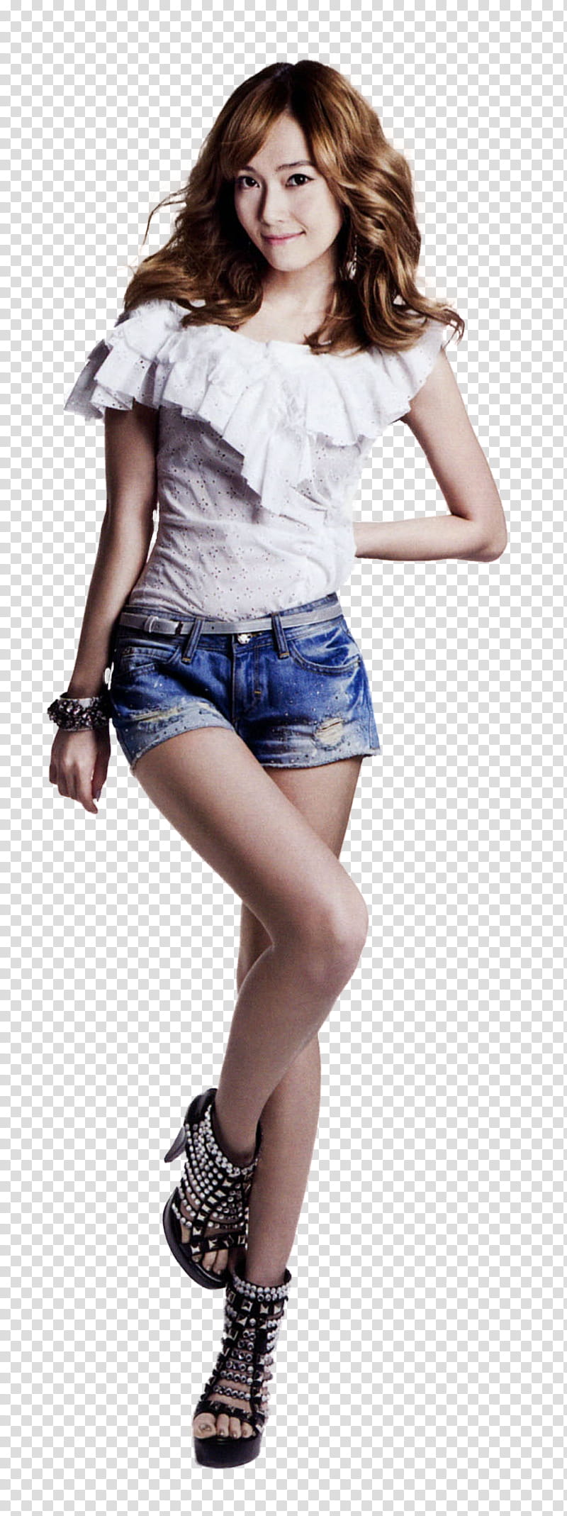 Girls Generation SNSD, woman wearing white boat-neck blouse and blue denim short shorts transparent background PNG clipart