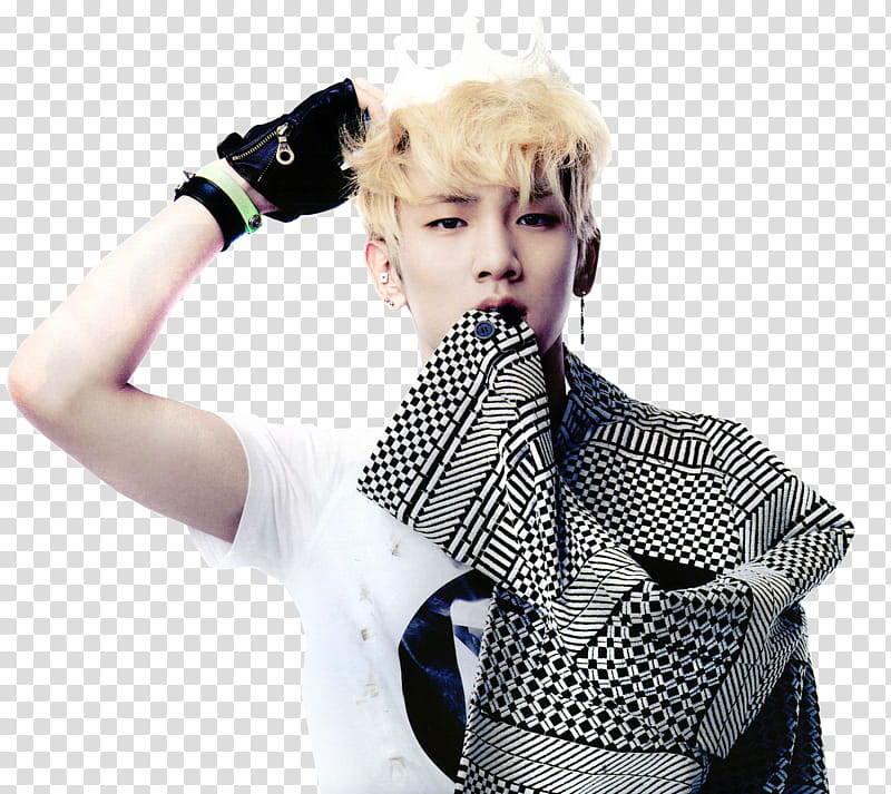 SHINee Key, man wearing white and black shirt holding his hair transparent background PNG clipart