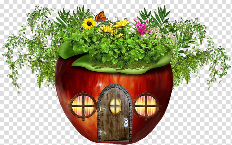 APPLE HOUSE, brown house themed flower pot transparent background PNG clipart
