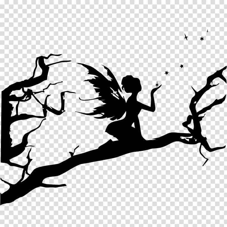 Tree Branch Silhouette, Fairy, Black, Sticker, Wall, Drawing, Visual Arts, Duende transparent background PNG clipart