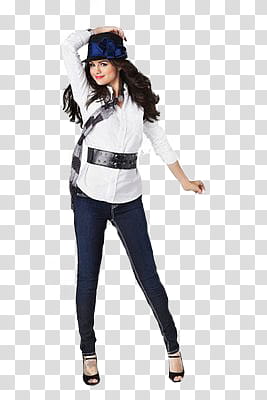 Selena Gomez, woman wearing white dress shirt and black fitted jeans transparent background PNG clipart