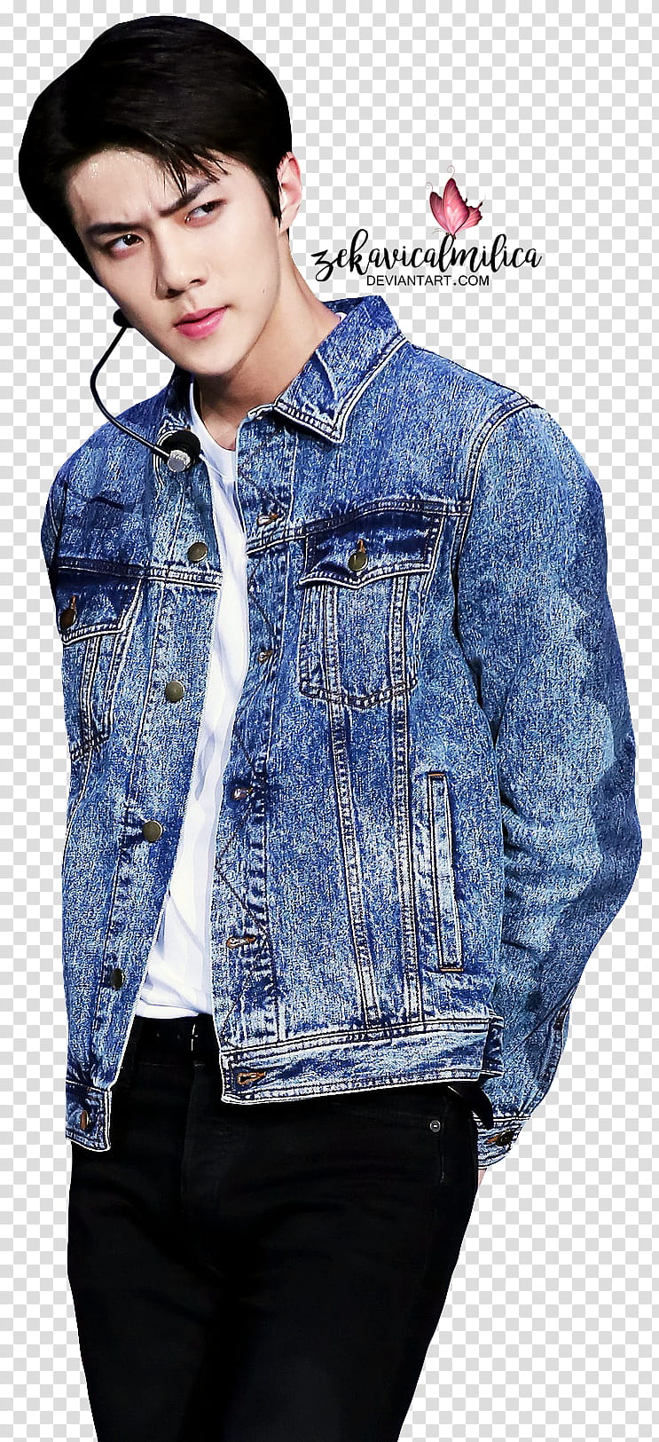 EXO Sehun , man wearing blue denim jacket transparent background PNG clipart