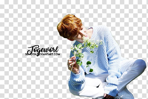 SEVENTEEN TEEN AGE SHOOT BEHIND, man sitting while holding flowers transparent background PNG clipart