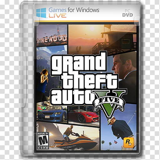 Icons Games ing DVD CASE NEW LOGO GFWL, gtav, PC DVD Grand Theft Auto Five case transparent background PNG clipart