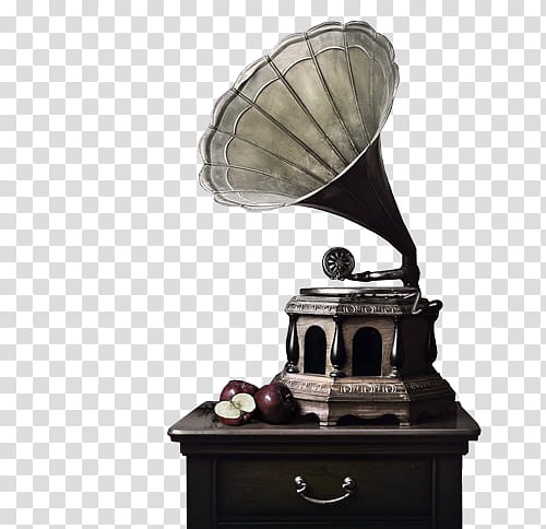 S, grey gramophone on brown wooden cabinet transparent background PNG clipart