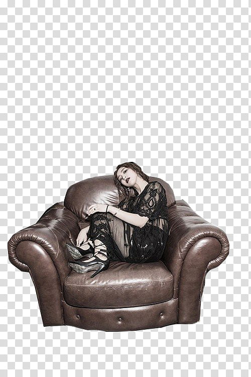 Luna f x s, woman sitting on brown leather sofa chair transparent background PNG clipart