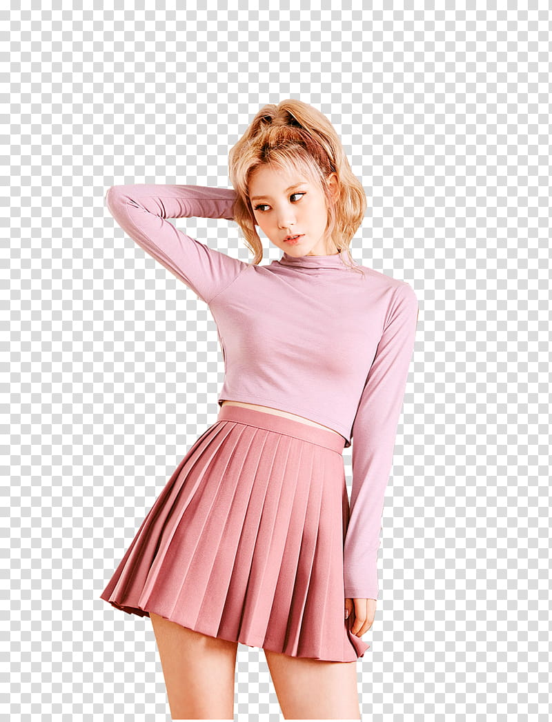 CHAE EUN, girl holding her hair wearing pink long-sleeved crop-top transparent background PNG clipart