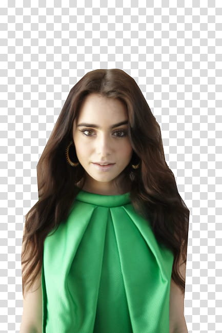 Lily Collins, woman wearing green pleated top transparent background PNG clipart
