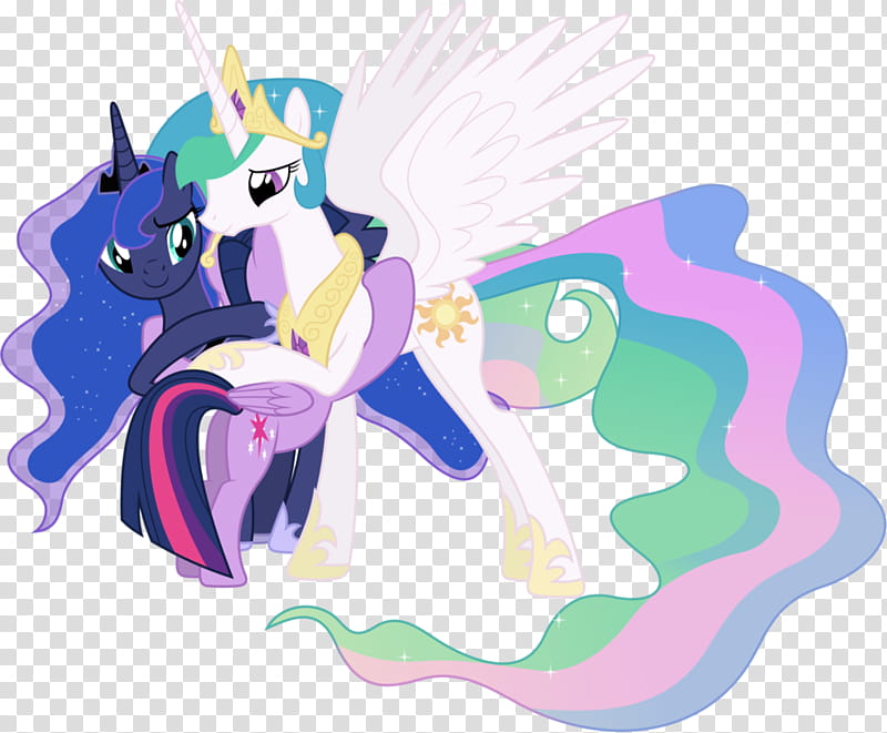 Princesses Celestia, Luna and Twilight Hugging, two black and white My Little Ponies transparent background PNG clipart