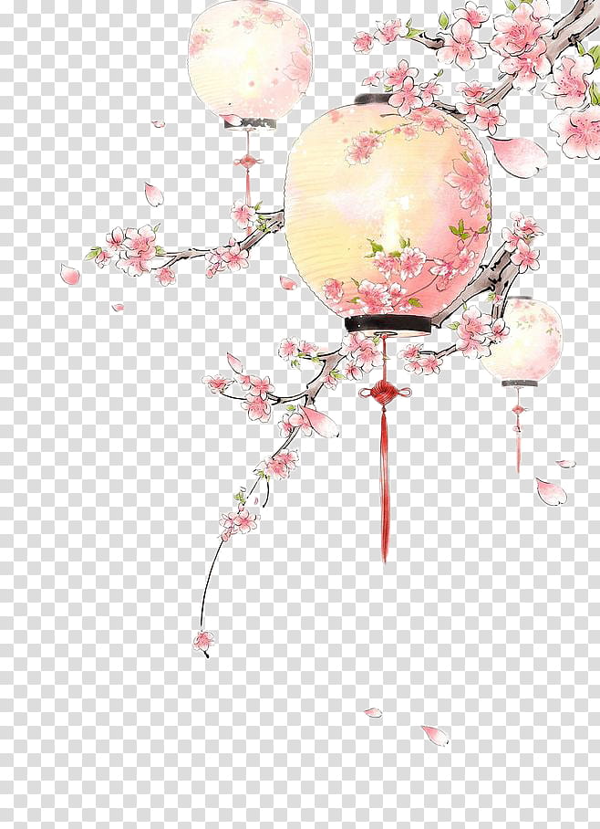 .sulykwonk, three lanterns hanging front tree with pink flowers illustration transparent background PNG clipart
