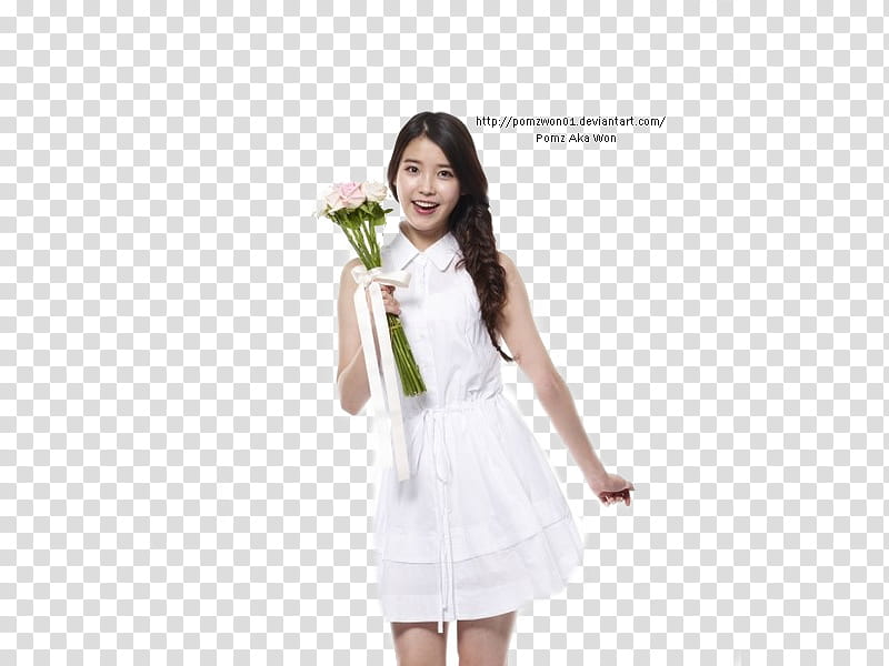 IU, woman wearing white sleeveless dress holding pink flowers transparent background PNG clipart