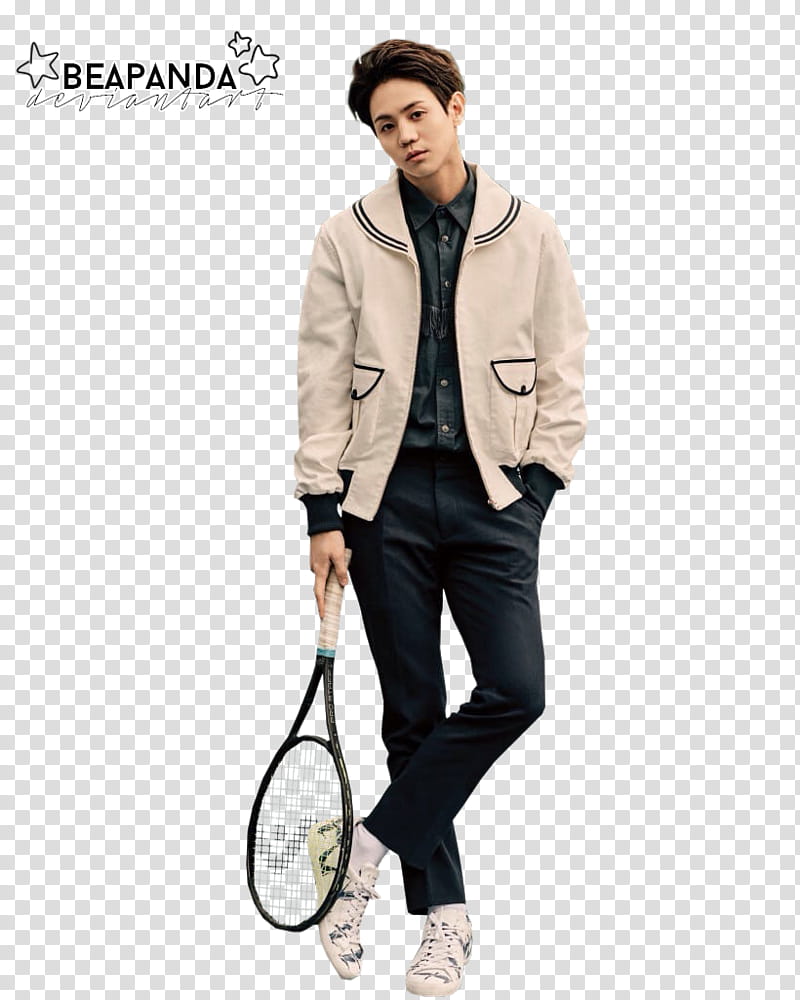 Highlight, standing man wearing white jacket and black pants while holding tennis racket using his right hand transparent background PNG clipart