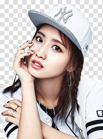 TWICE MLB  Version HQ, woman wearing white New York Yankees cap resting her head on her hand transparent background PNG clipart