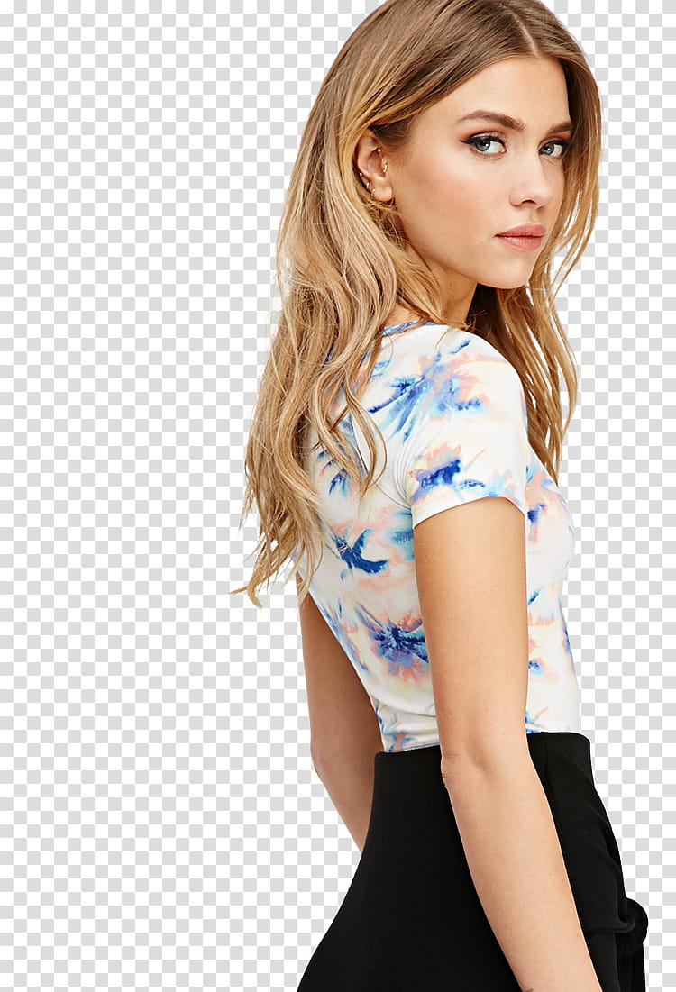 model , woman wearing white and blue floral shirt transparent background PNG clipart