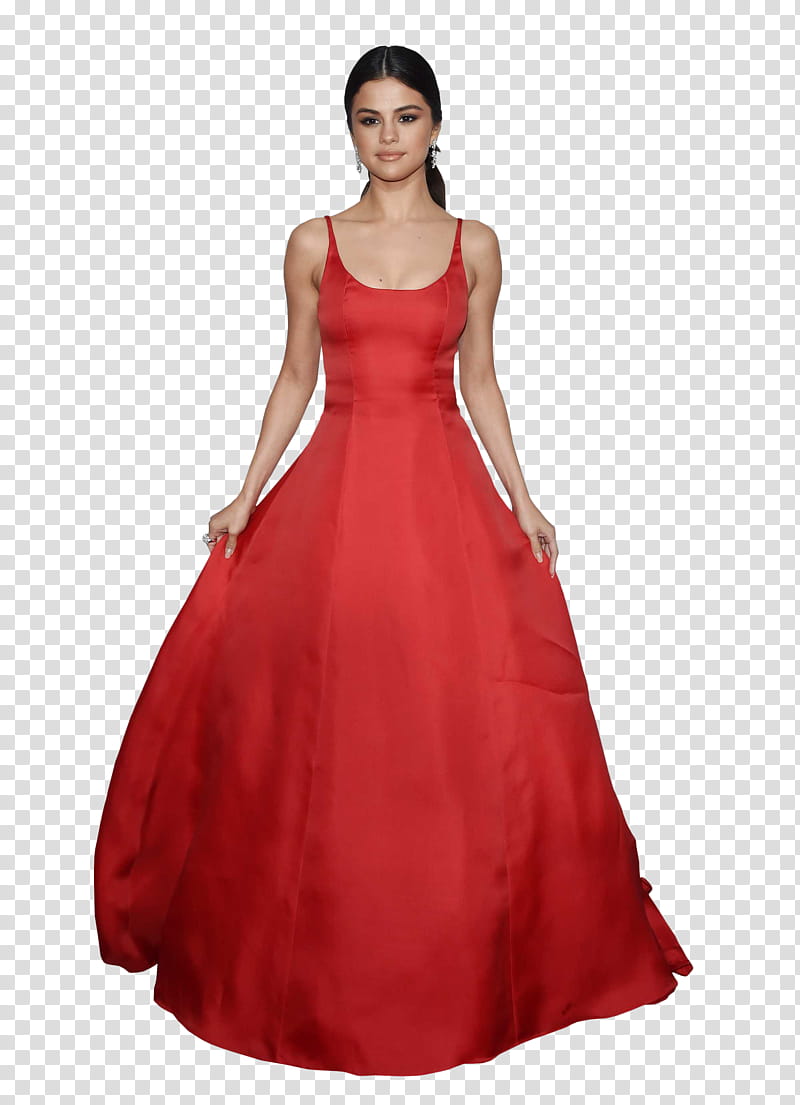 Selena Gomez, woman wearing red sleeveless dress transparent background PNG clipart