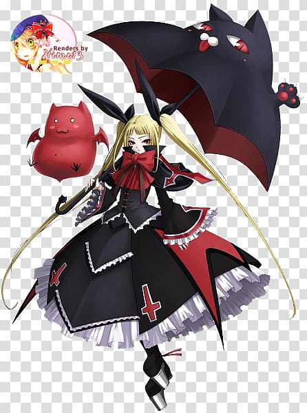 female anime character wearing black and red cape sleeved dress with umbrella transparent background PNG clipart