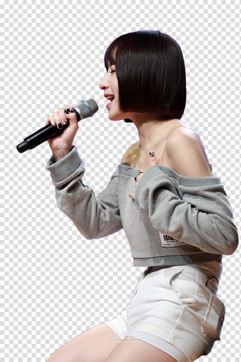 CHENGXIAO WJSN HANI EXID JUNGKOOK V BTS, woman in off-shoulder crop top holding microphone transparent background PNG clipart