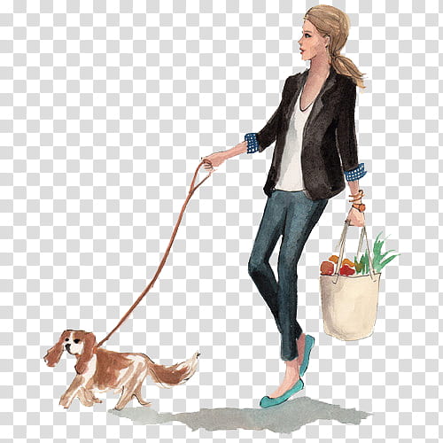 woman carrying basket and walking with dog painting transparent background PNG clipart