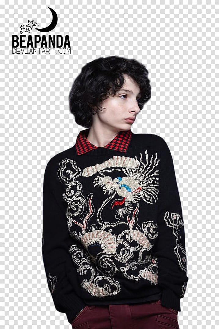 Finn Wolfhard, man wearing black and white floral sweater transparent background PNG clipart