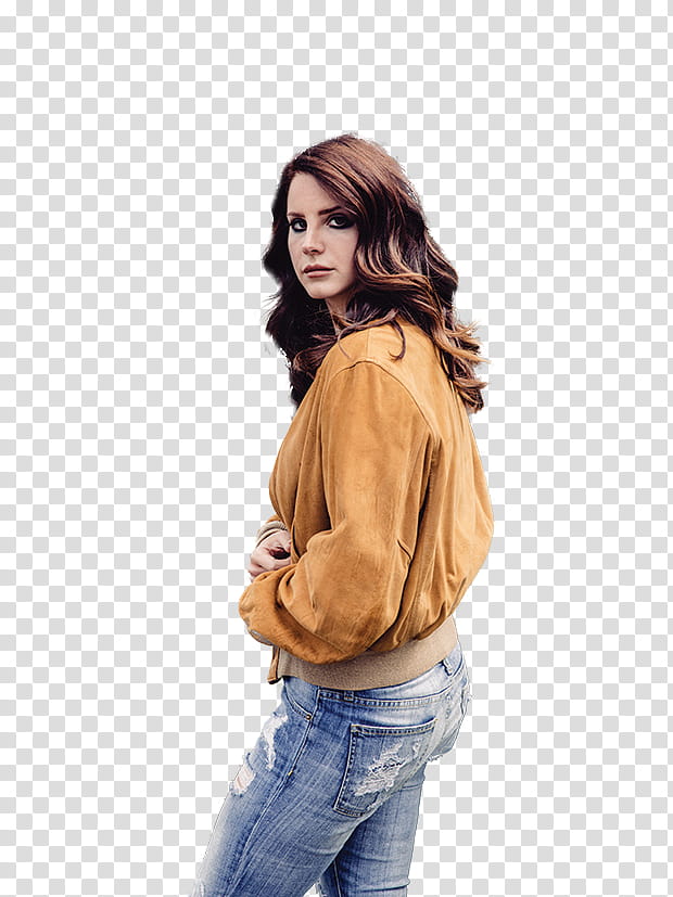 Lana Del Rey, woman wearing brown long-sleeved top and blue denim jeans hands on tummy transparent background PNG clipart
