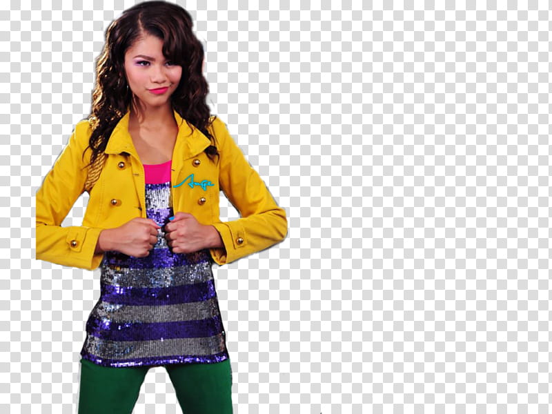 woman in purple and silver glittered top, yellow crop jacket, and green bottoms transparent background PNG clipart