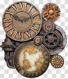 SteampunkClocks, round brown and blac gear illustration transparent background PNG clipart