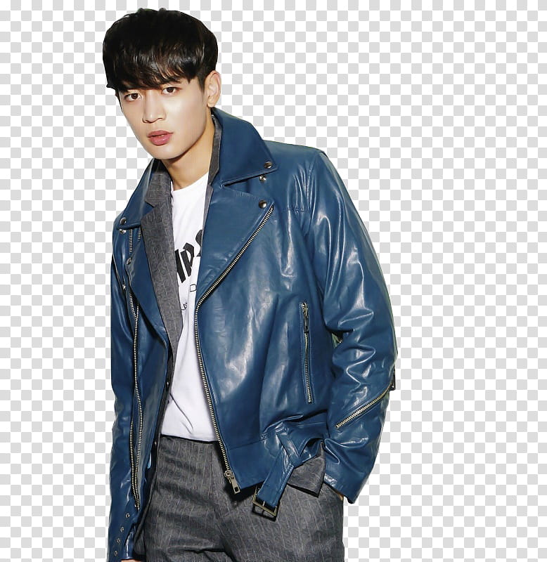SHINee DxDxD ludo, man in blue leather jacket with left hand on pocket transparent background PNG clipart