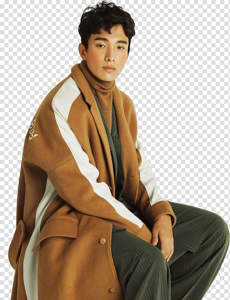 SEVENTEEN Vocal Team , man sitting wearing brown and white coat transparent background PNG clipart