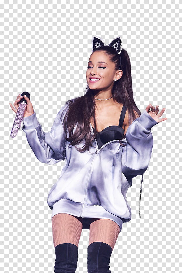 Ariana Grande Honeymoon tour , smiling woman with microphone in hand transparent background PNG clipart