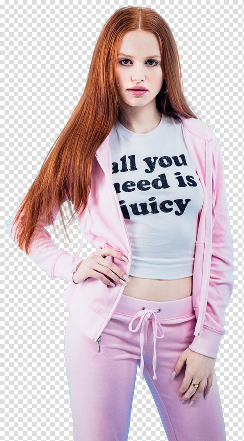 Madelaine Petsch, woman in pink zip-up jacket and pants graphic transparent background PNG clipart
