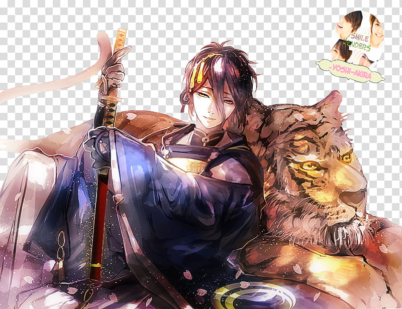 Render  Mikazuki Munechika Touken Ranbu, male anime character and lion painting transparent background PNG clipart