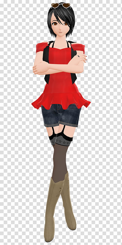 female anime character wearing red peplum shirt and blue denim short shorts transparent background PNG clipart