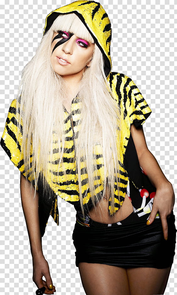 Famosos, Lady Gaga in yellow and black hooded jacket and black skirt transparent background PNG clipart