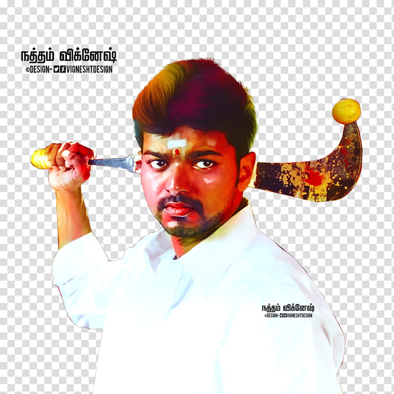 Thirupaachi HD Art VigneshTDesign, man in white sport shirt holding gold sword transparent background PNG clipart