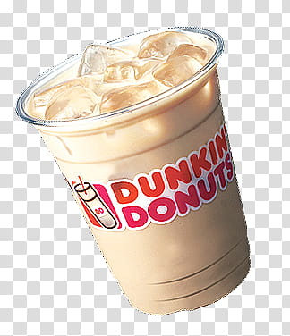 Dunkin Donuts beverage with ice cubes in clear disposable cup transparent background PNG clipart