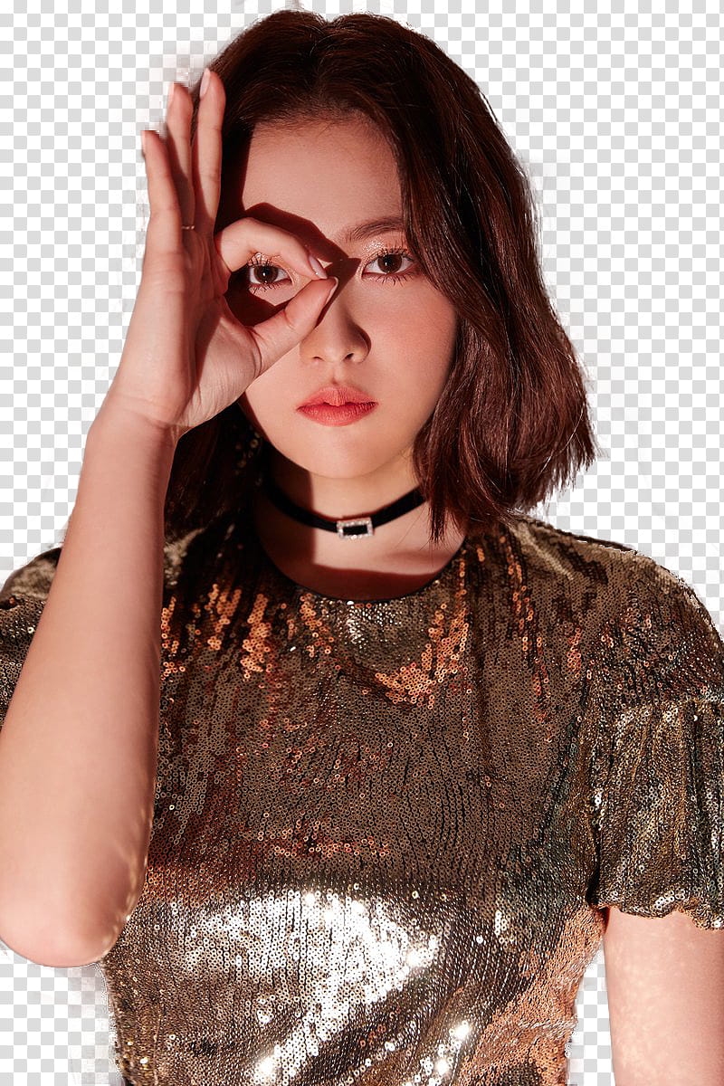 RED VELVET PERFECT VELVET, woman making ok sign on right eye wearing gray shirt with sequin transparent background PNG clipart