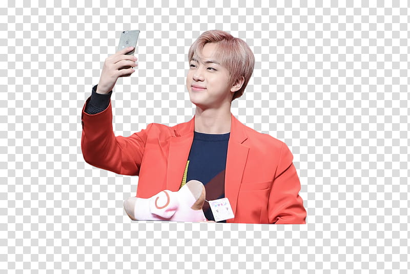 Jin  Boom Shakalaka s, man wearing orange notched lapel blazer taking selfie transparent background PNG clipart