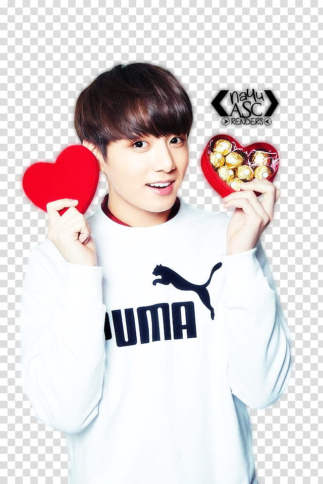 BTS VALENTINE S DAY, man wearing white Puma sweater holding heart-shaped chocolate box transparent background PNG clipart