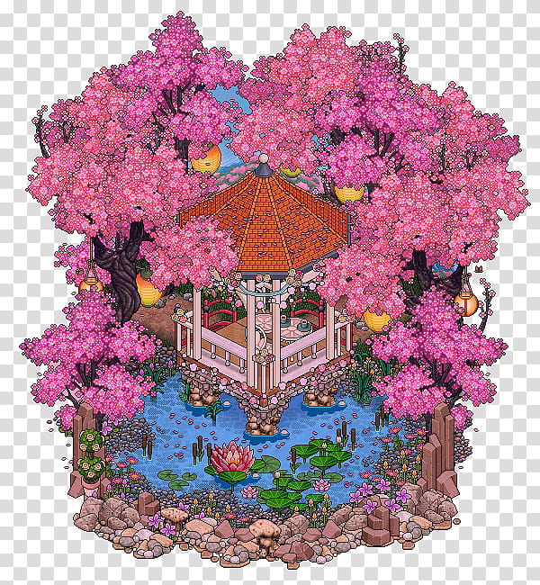 Happy valentine&#;s day!, stilt gazebo in body of water near trees with pink flowers illustration transparent background PNG clipart