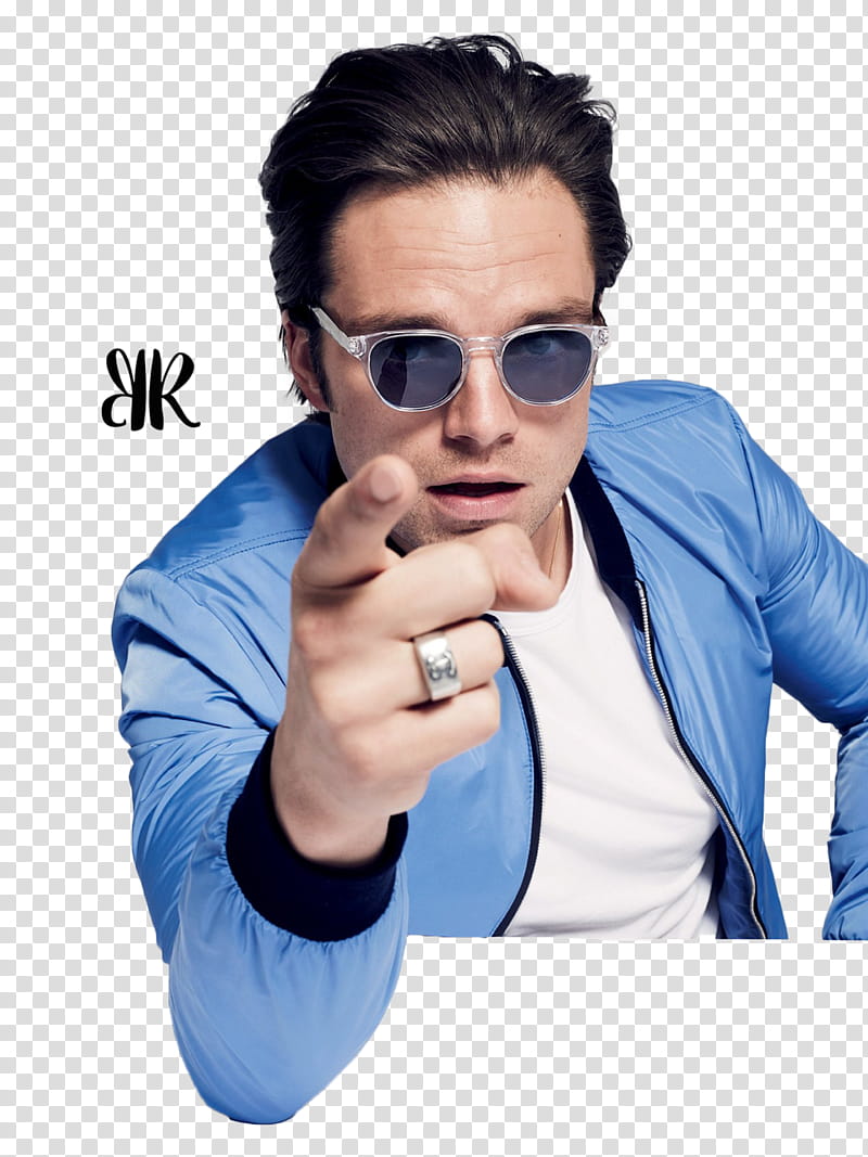 SEBASTIAN STAN, man pointing in front wearing blue zip-up jacket transparent background PNG clipart