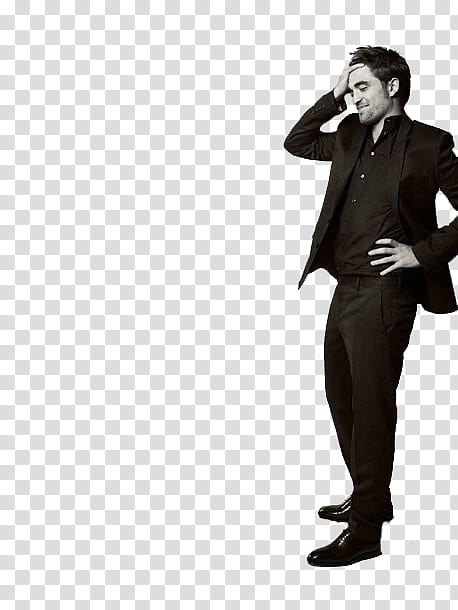 Robert Pattinson , standing and smiling Hollywood actor in black suit transparent background PNG clipart