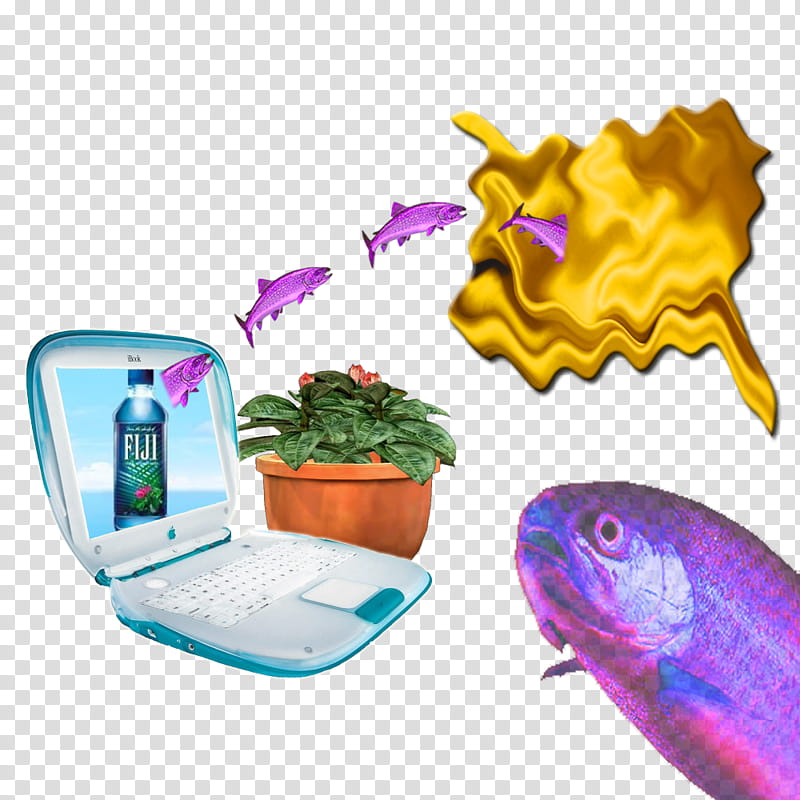 AESTHETIC GRUNGE, powered-on Apple laptop Fiji bottle display and purple fish jumps off transparent background PNG clipart