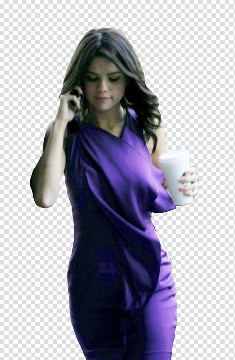 Selena gomez , Selena Gomez holding travel mug and answering phone call transparent background PNG clipart
