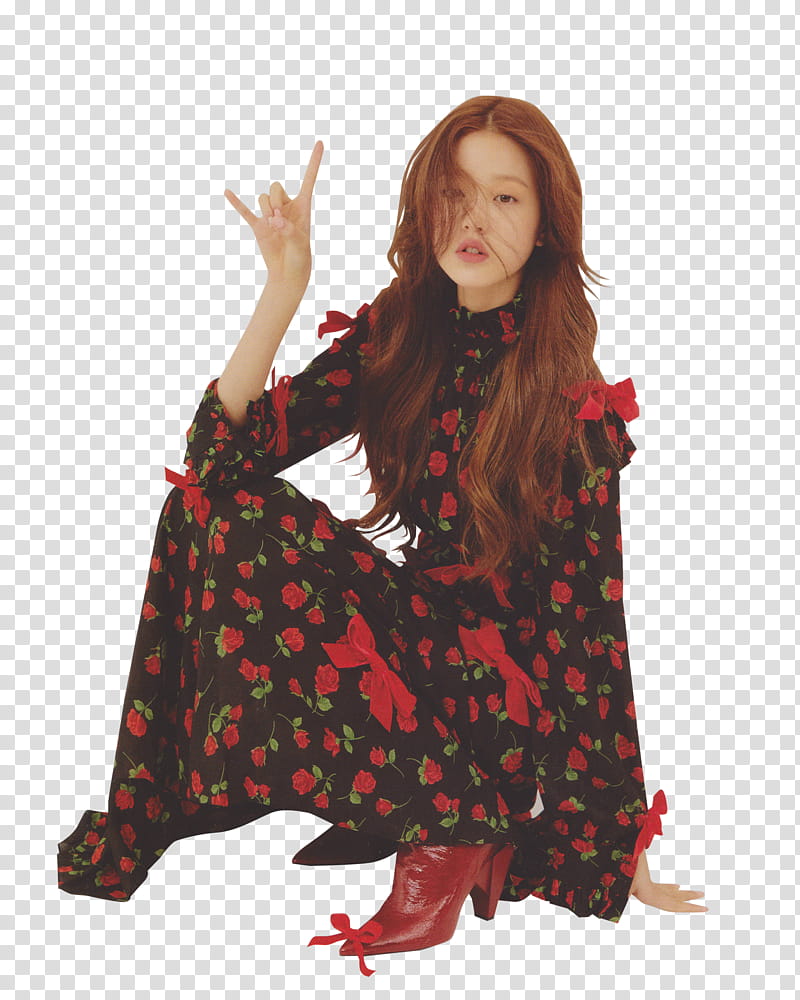IZ ONE X NYLON KOREA, woman wearing black and red floral long-sleeved dress transparent background PNG clipart