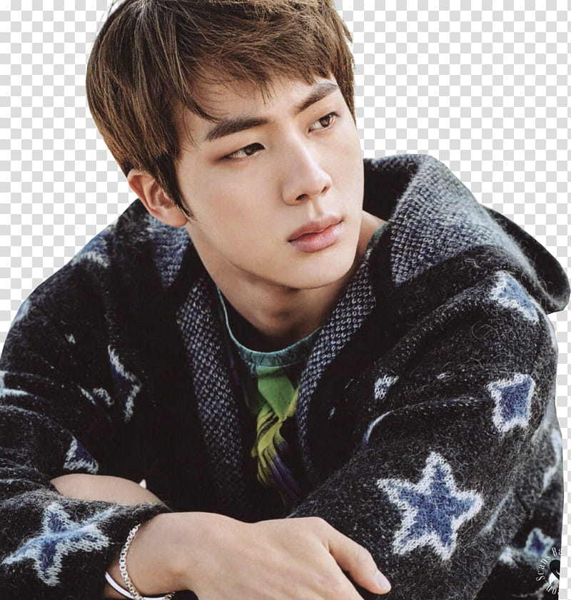 Jin BTS, man wearing black and blue star print hoodie jacket transparent background PNG clipart