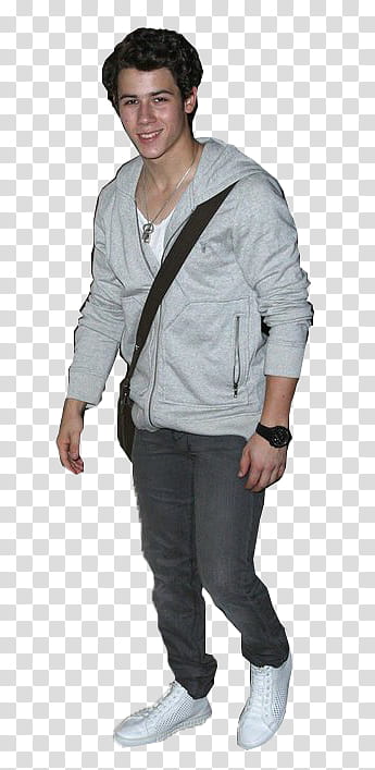 Nick Jonas, man in gray zip-up hoodie and gray denim pants transparent background PNG clipart