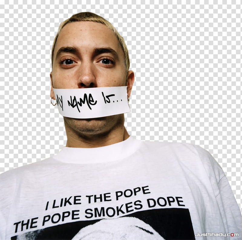 Eminem , man in white crew-neck shirt with white printer paper on mouth transparent background PNG clipart