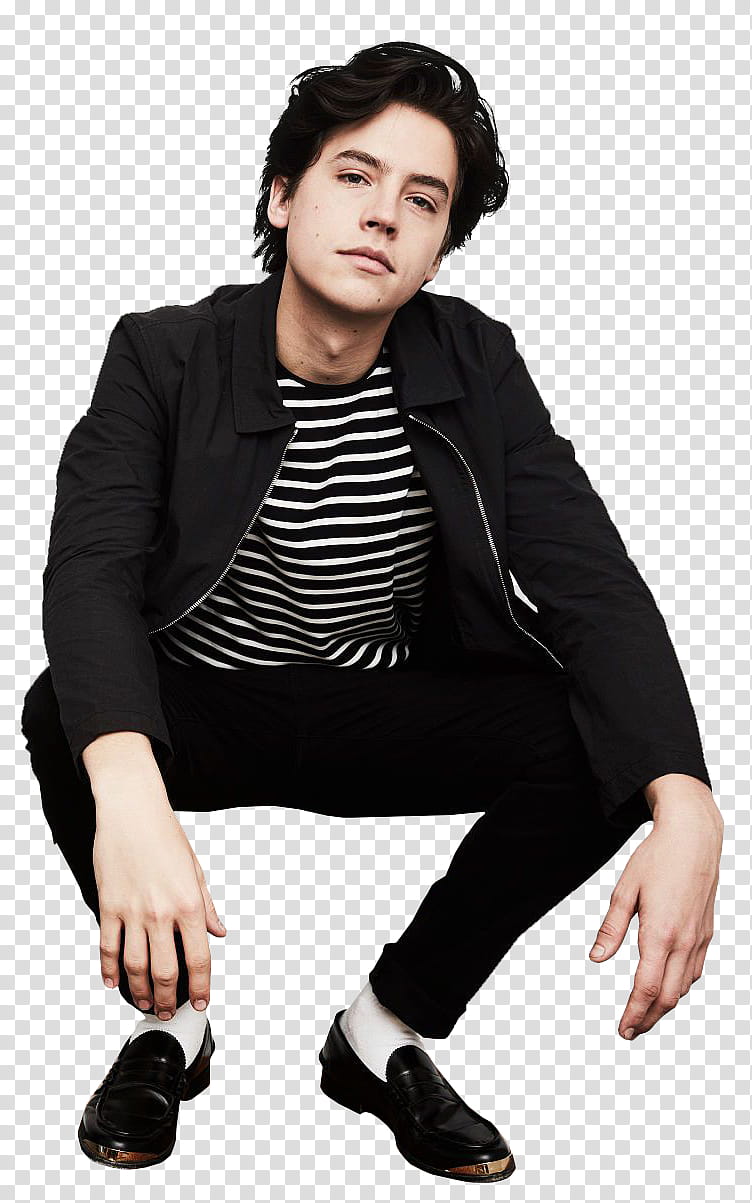 Cole Sprouse, man in black zip-up jacket and black pants transparent background PNG clipart